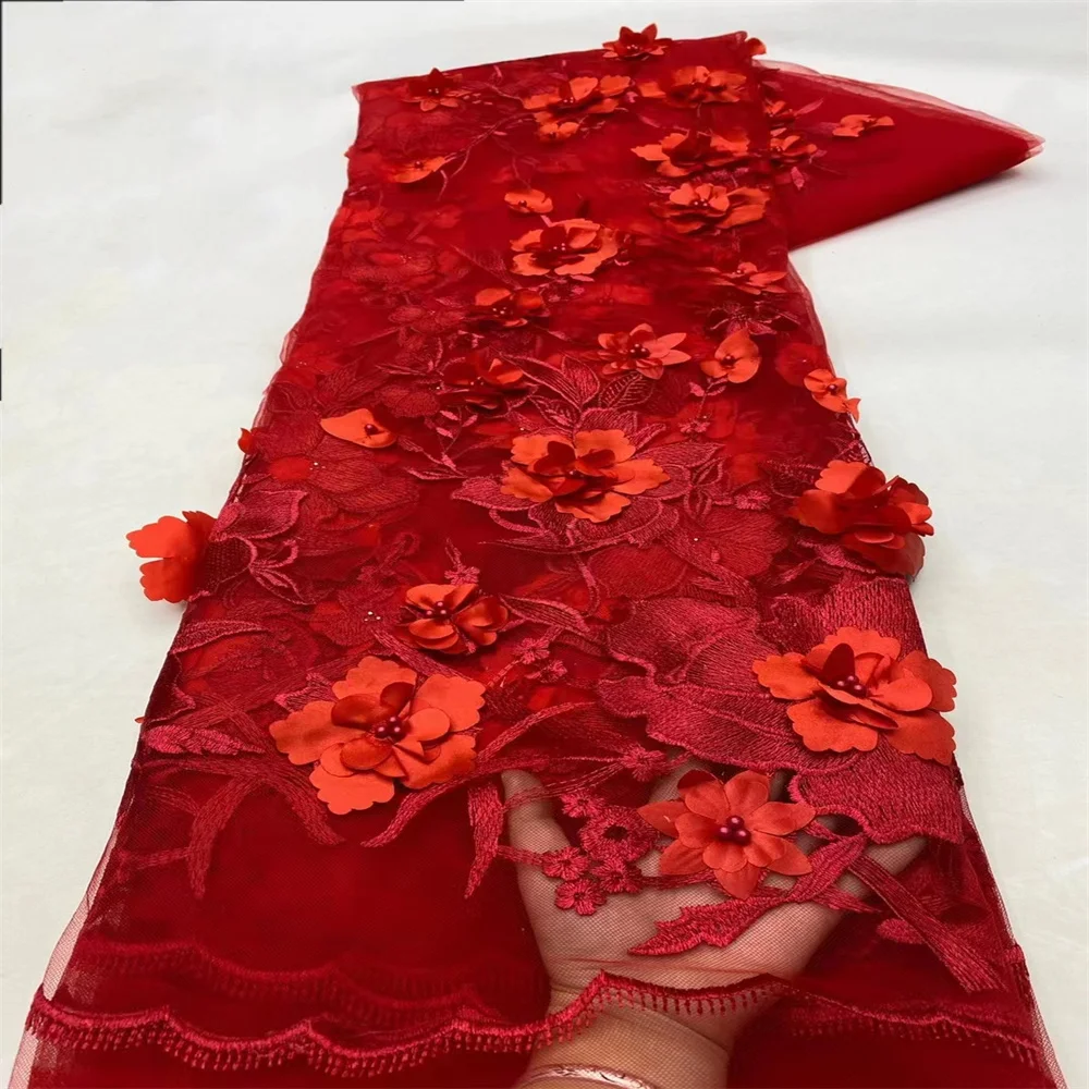 High-End 3D Flower French Embroidery Groom Tulle Laces Fabric African Nigerian With Beaded Fabric For Wedding Dresses 0.85XZ1905