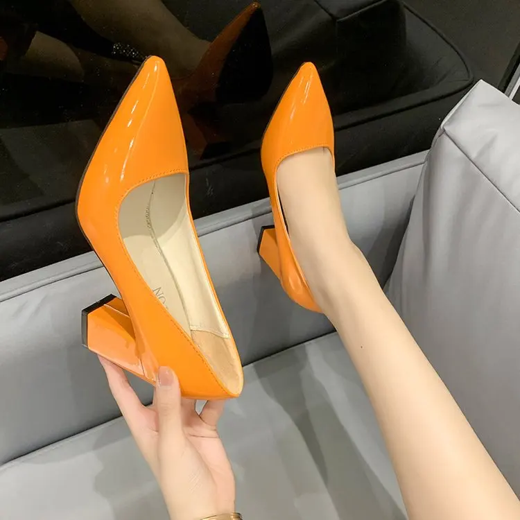 Summer Ladies Square Heel PU Shoes Ladies Pointed Toe High Heels Women\'s Work Party Shoes Plus Size 33-43 Plus Size Pointed Toe