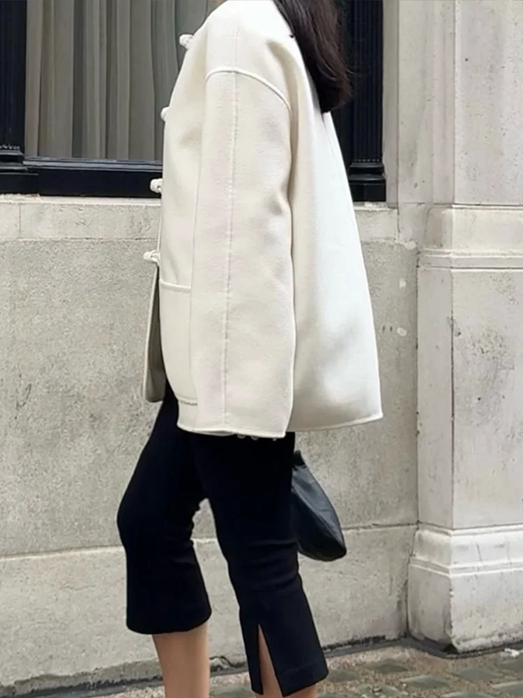 

Fashion O-neck Woolen Coat Women Full Sleeve Double Knot Button Pocket Loose Fit Coat Female Autumn Winter Chic Casual Jackets