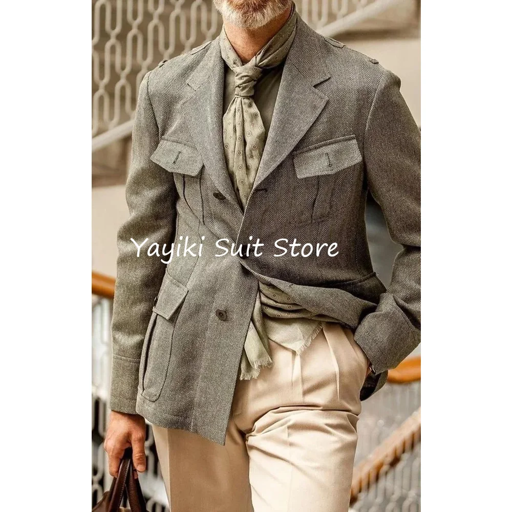 

Модные пиджаки, формальные мужские пиджаки, пиджаки для мужчин, однобортные винтажные костюмы из ткани «елочка» с четырьмя карманами, пиджак