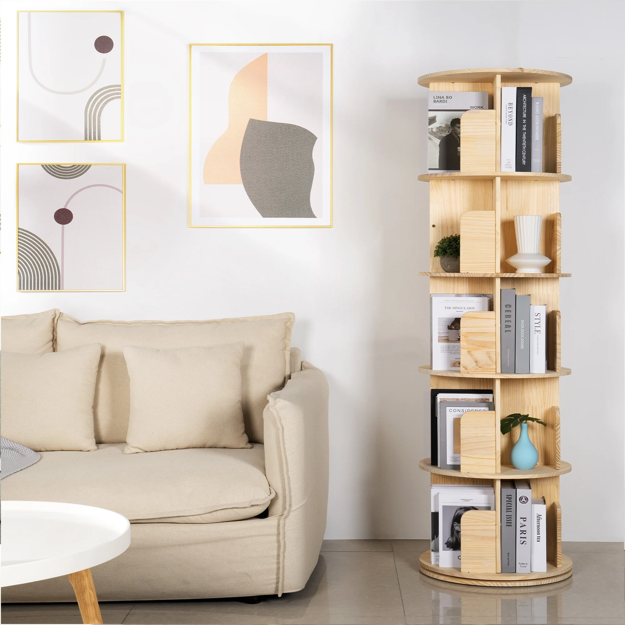 

Rotating Bookshelf Tower 5 Tiers Floor Standing Bookcase Storage Rack Round with Detachable Feet for Small Space Bedroom