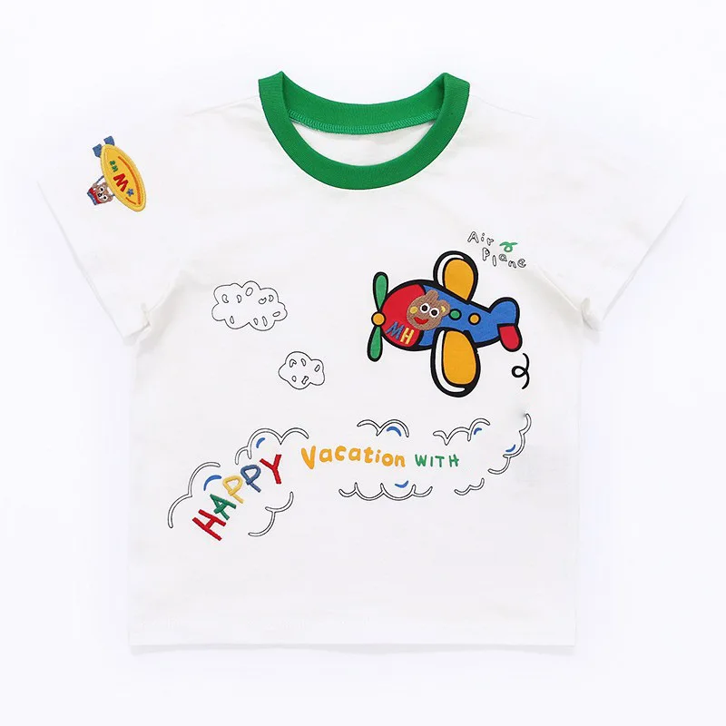 Baby Cute Summer Short Sleeve Korean Boys Girls Cartoon Plane Bear Embroidery Print Tshirt Soft Cotton Vibrant Cool Fun