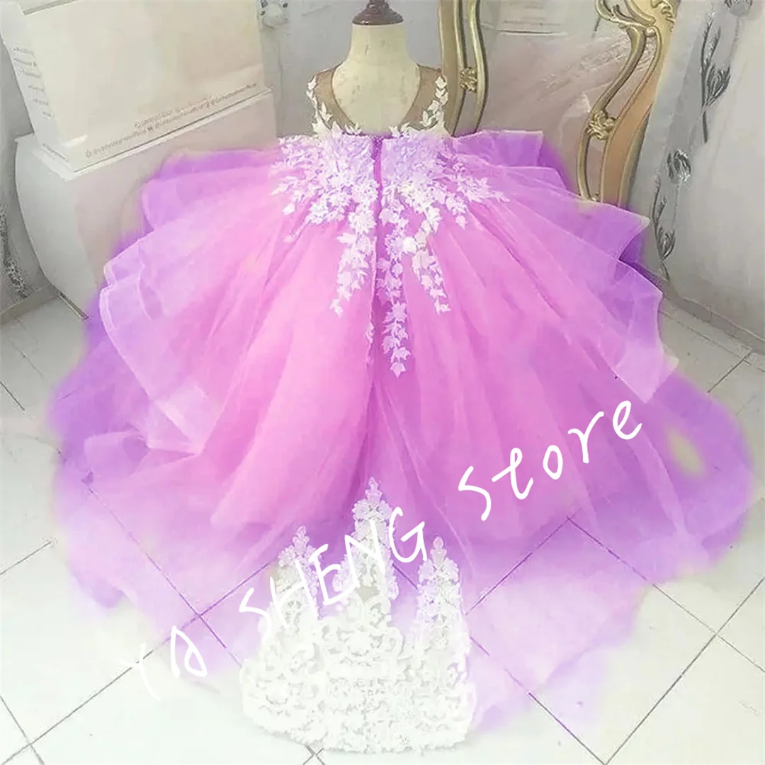 Lace  Flower Girl Dresses Sheer Neck Tiers Ball Gown Little Girl Wedding Dresses Cheap Communion Pageant Dresses Gowns