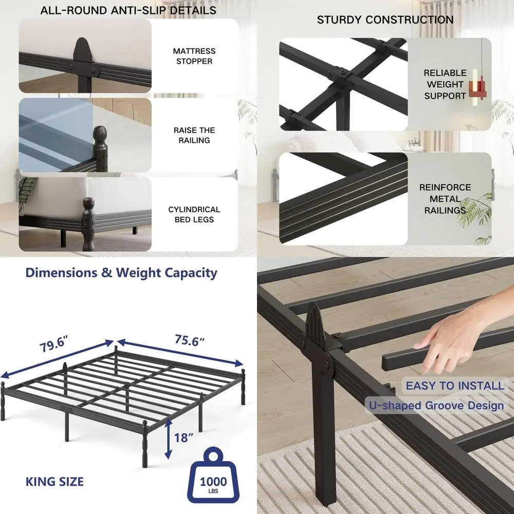 Estructura de cama King Size de metal, 18 altas, sin somier, estilo plataforma, antideslizante, fácil montaje, funcionamiento silencioso