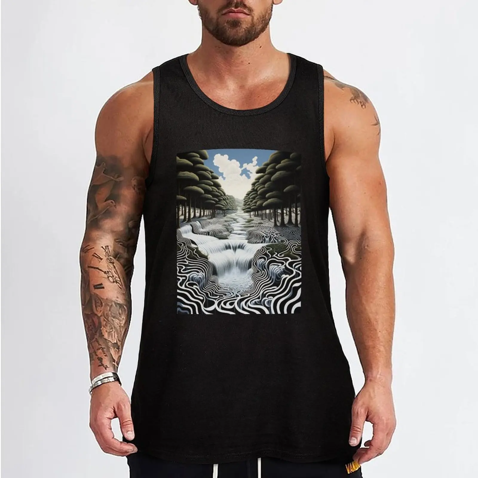 Geometric River Vista: Black and White Landscape with Green Trees and Blue Sky in Op Art Style Tank Top