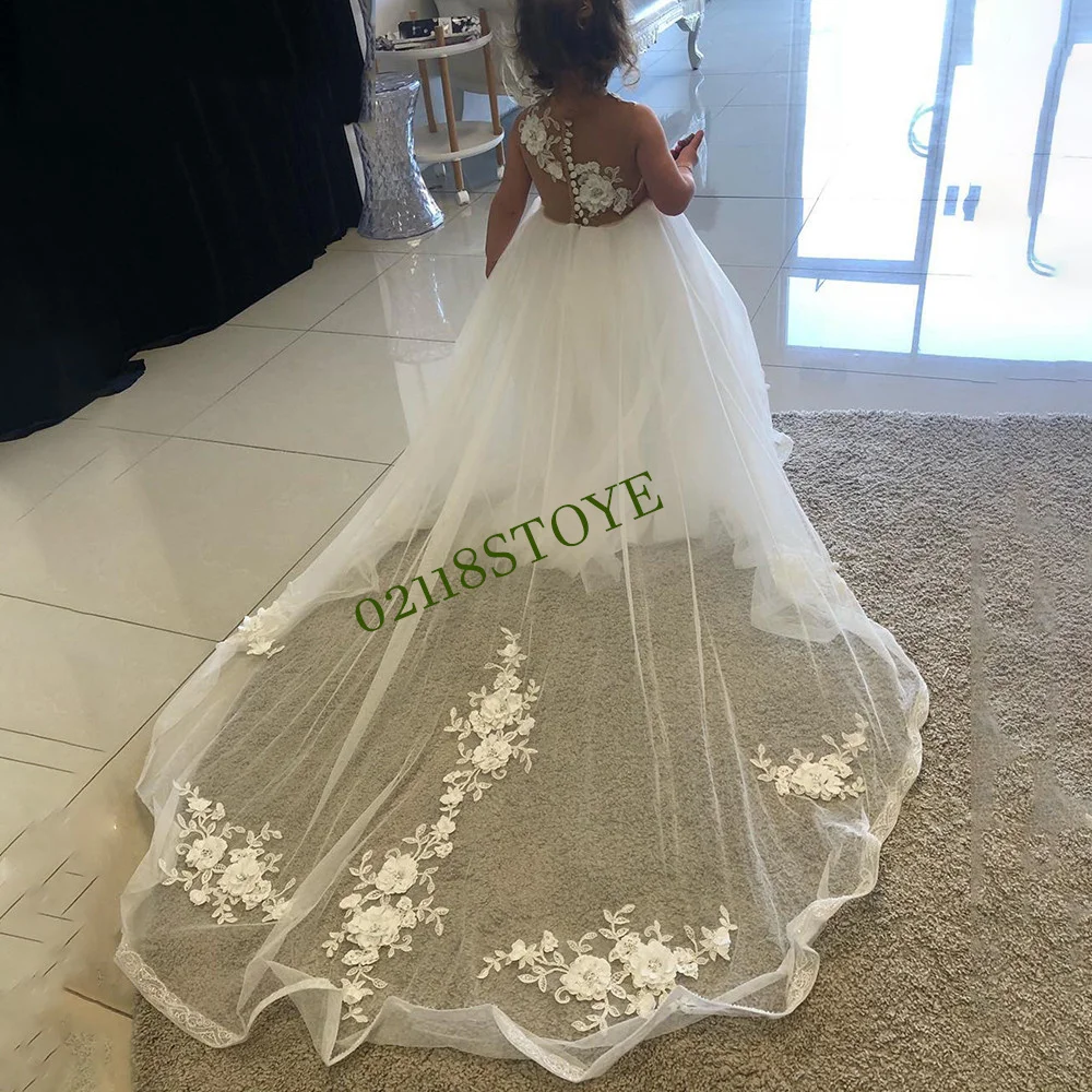 

Ivory Lace Flower Girl Dresses Illusion Back Long Train First Communion Dresses Elegant Princess Dress robe de princesse fille