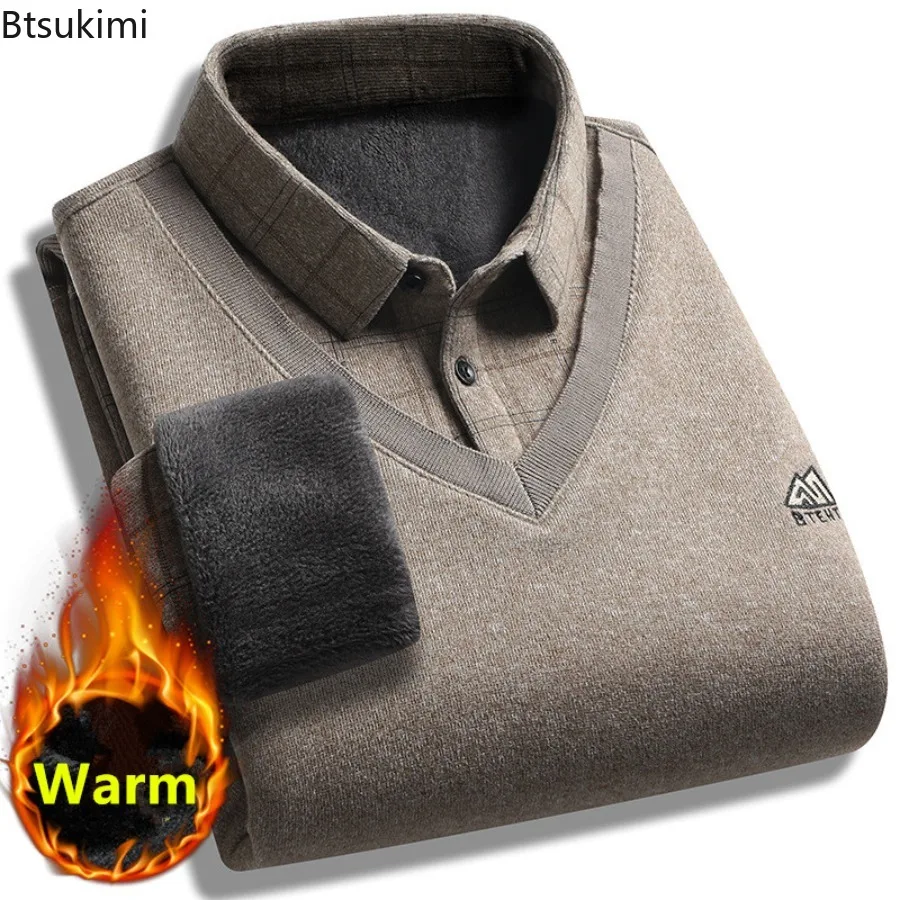 

2024 New Men's Business Casual Plus Velvet Thickened Sweater Pullover Autumn Winter Warm Fake Two-piece Knitwear Shirt Male Tops