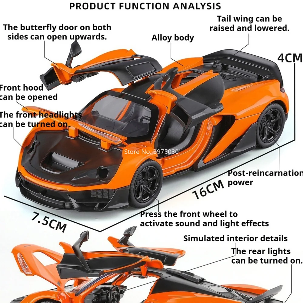 1:32 McLaren W1 Model Car Toy Doors Opened Sound Light Supercars Pull Back Alloy Diecast Vehicle for Hobbyists Hobby Collections