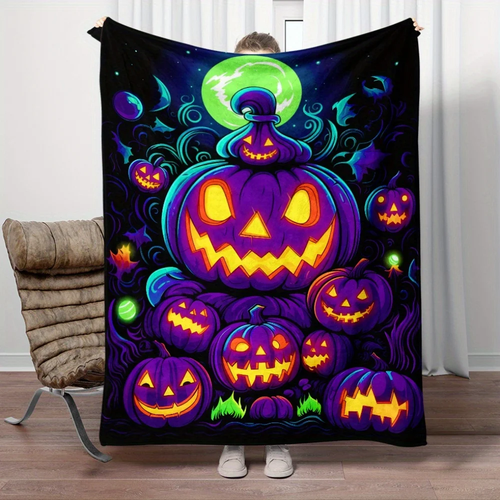 Halloween pumpkin blanket spooky haunted night party blanket purple jack o lanterns glow in dark  festive seasonal decoration