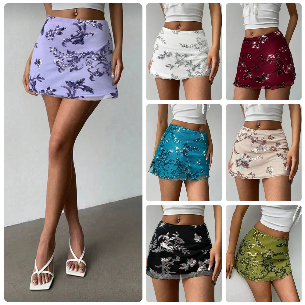 High-waisted Sequin. Floral. Mesh Skirt For Women, Featuring A Ruched, Body-hugging Design, A Erotogenic Transparent Style, Mult