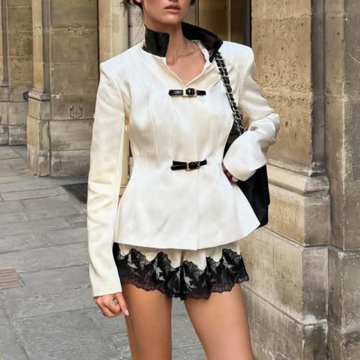 Laur 2026 New Women Contrast Leather Stand Collar Metal Buckle Waist Cinched Tailored Blazer Solid White Slim Elegant Outerwear - view 4