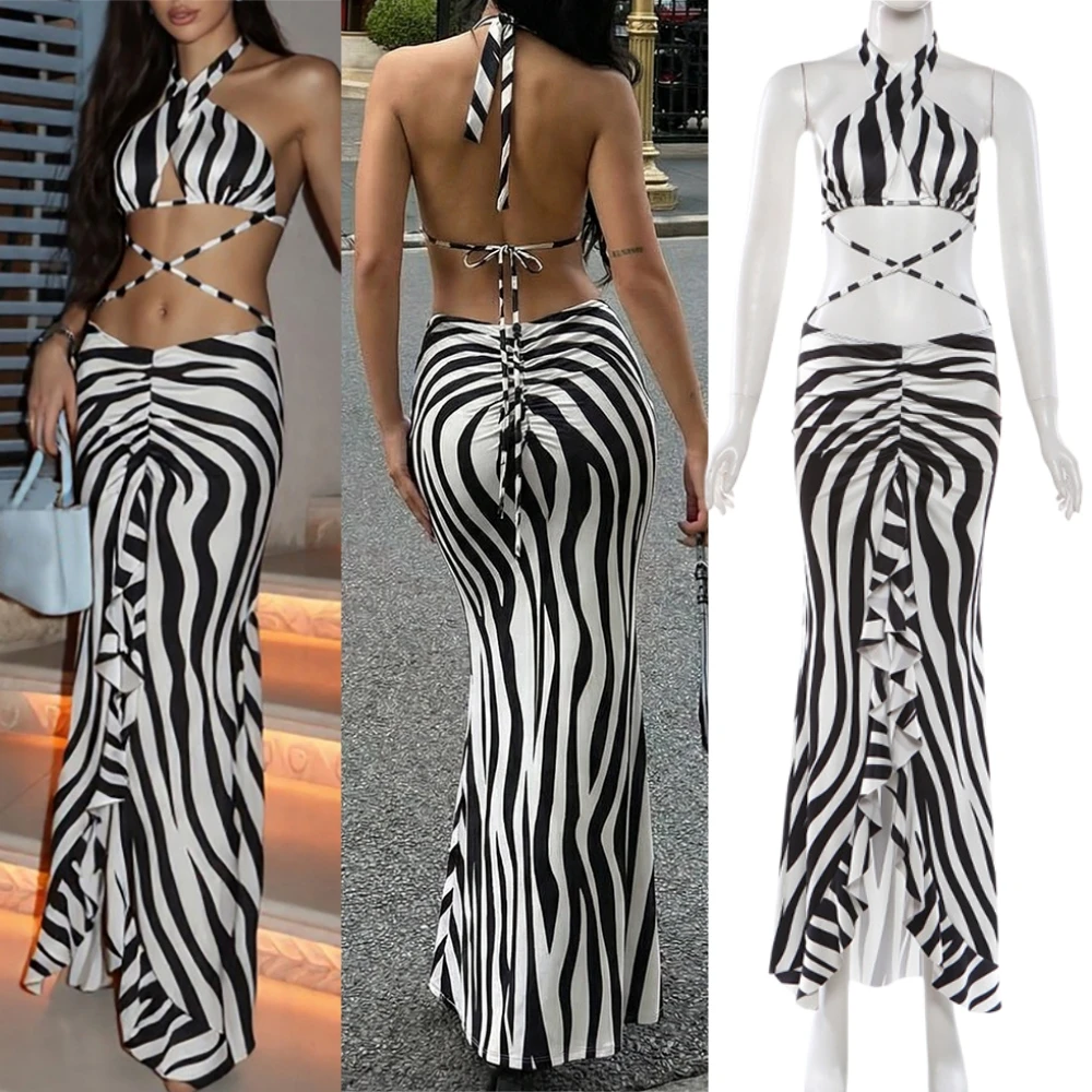 

FAGADOER Sexy Striped Print Beachwear Dresses Woman Halter Sleeveless Backless Bodycon Dress Female Ruched Patchwork Vestidos