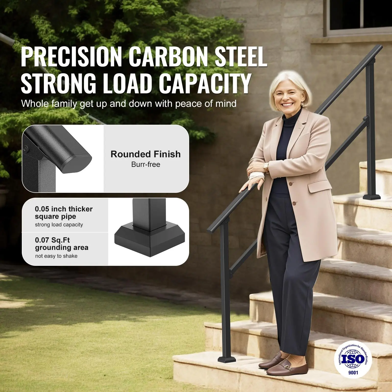 5 Step for outdoor Stair Handrail Kit Carbon Steel Safety Railing for Concrete Porch Deck Steps with Installation Kit for seniors Black Tube