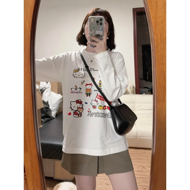 HELLO Kitty Sweet 3D Printed Round Neck Long Sleeve T-shirt Women's Spring and Autumn Thin Loose Lazy Quick Drying Top
