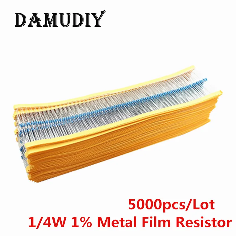 5000pcs/Lot 1/4W 1R~22M 1% Metal Film Resistor 100R 220R 1K 1.5K 2.2K 4.7K 10K 22K 47K 100K 100 220 1K5 2K2 4K7 ohm resistance