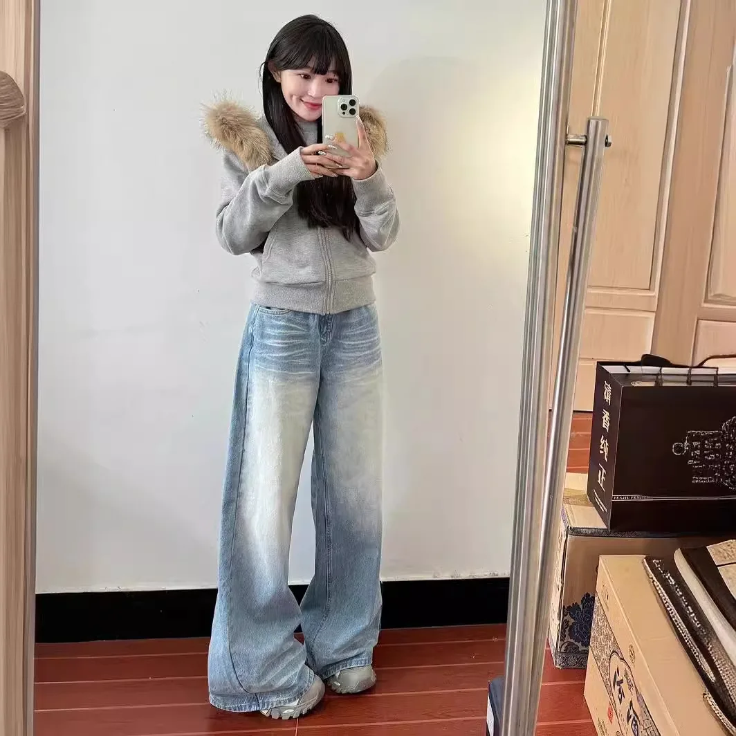 

American Crease Washed Vintage Wide-legged Jeans Female High-waisted Trailing Pants Loose Straight Thin Pants