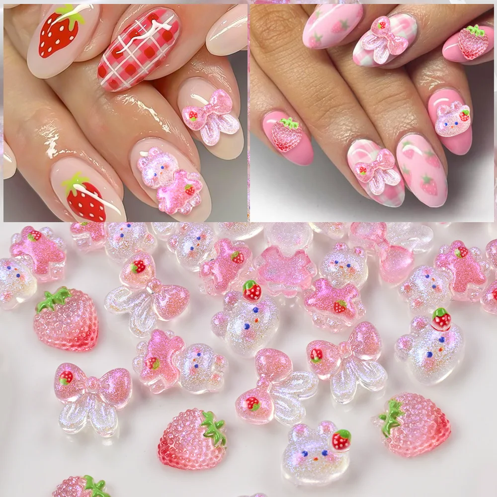 50Pcs Kawaii Mixed Strawberry Rabbit Nail Charm 3D Resin Mini Fruit Bunny Bowknot Rhinestones DIY Crafts Nail Art Decoration