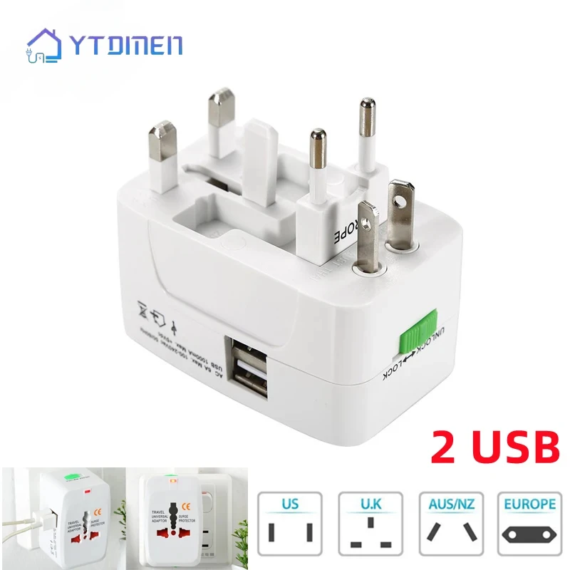 2 USB Port Universal Adapter Plug Multi-function EU UK US AU Conversion Plug for Travel Power Charger Converter Socket 6A 250V