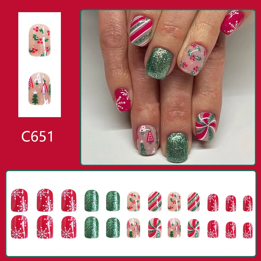 24 Uds. De colores mezclados cuadrados cortos de Navidad con copos de nieve brillantes, bastones de caramelo y patrones navideños, uñas postizas brillantes para mujeres/niñas