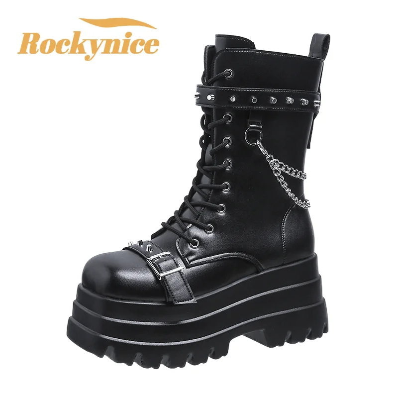 

High Platform Gothic Boots 8.5CM Buckle Autumn Winter Leather Shoes Punk Street Cosplay Mid-calf Boots Motorcycle Chain Botas