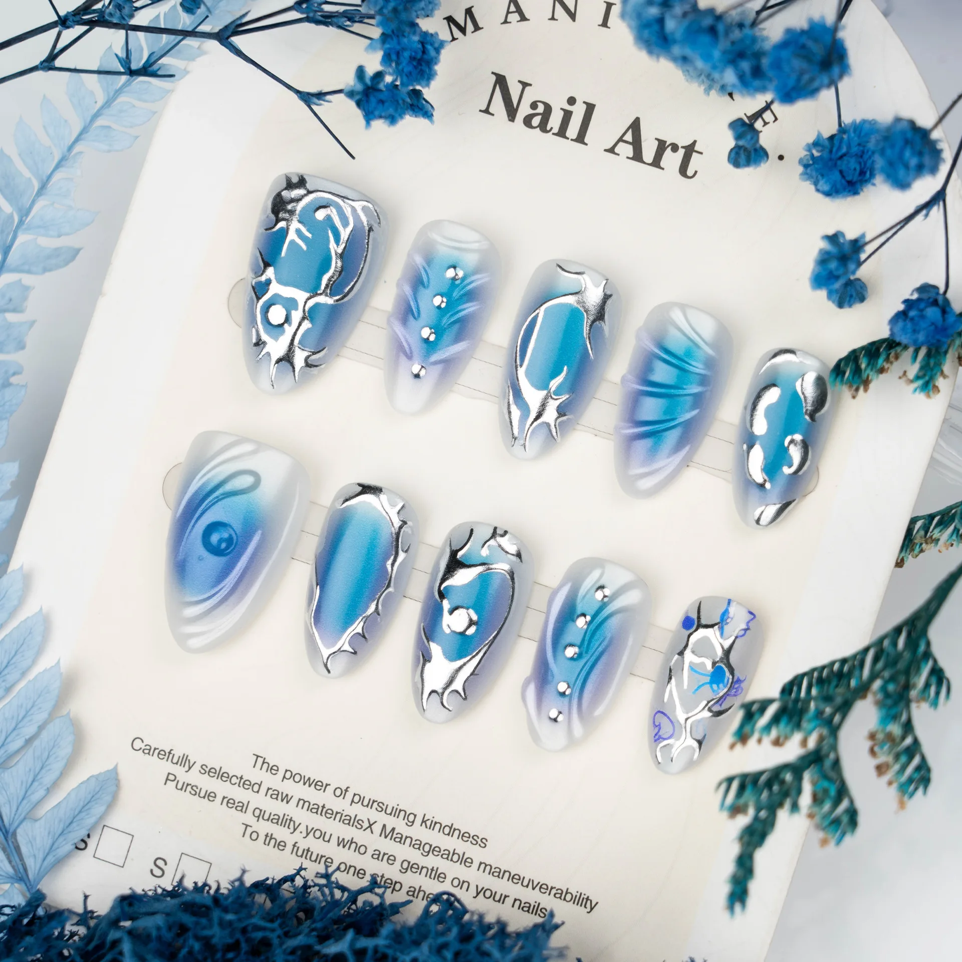 

24PCS Blue Chrome Almond Press on Nails 3D Silver Metal Frame Crystal Decor Abstract Art Y2K Style Glossy Reusable False Nails