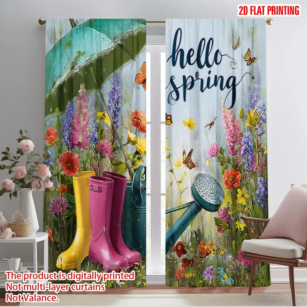 2pcs,2D plane printing Print Curtains Hello Spring Floral & Umbrella Polyester (without rod) Decorations Outdoor Ldeal for
