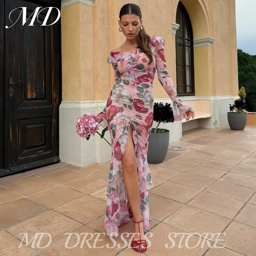 

MD Sexy Large Rose Print Chiffon Evening Dresses Long Cap Sleeve Vent Ruffle Prom Gown Customized Birthday Party Dresses 2025