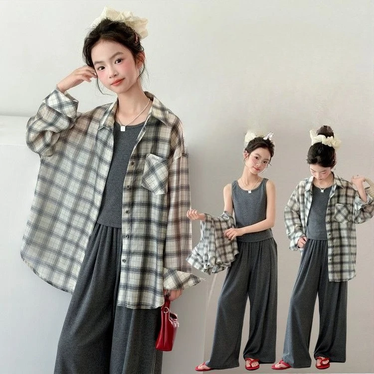 Girls' Sunscreen Set Summer 2026 New Children's Checkered Shirt Tank Top Wide Leg Pants 3-Piece Set Children's Summer
