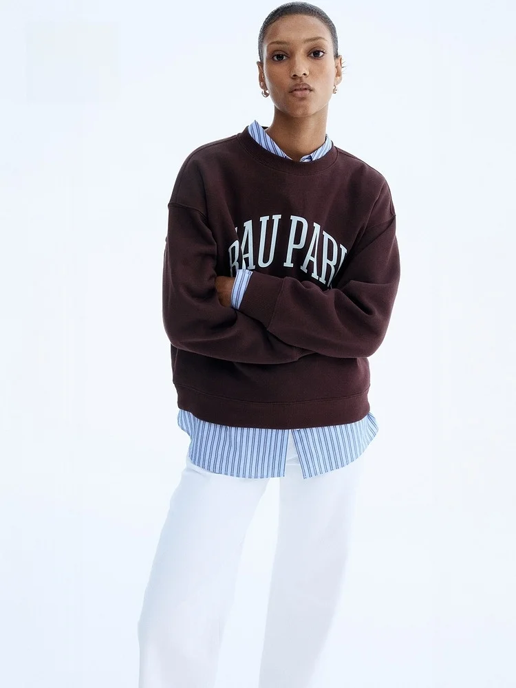 เสื้อสเวตเตอร์ผู้หญิง H&M ลำลอง สีแดง ลายพิมพ์ อเมริกัน สไตล์สวมหัว สำหรับฤดูหนาว ผ้าคอตตอนผสมโพลีเอสเตอร์ ใส่สบาย