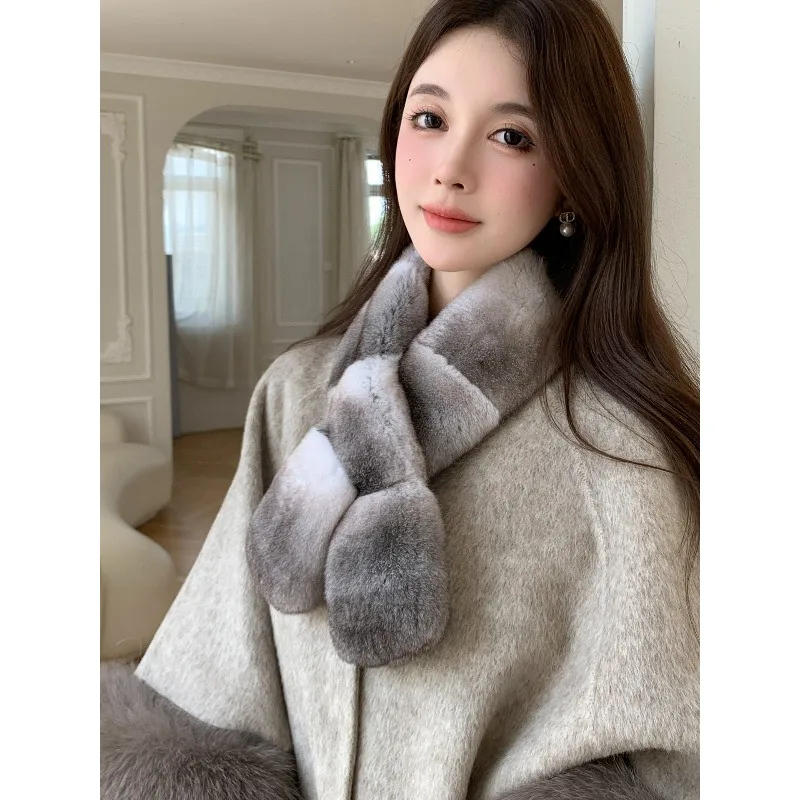 imitation chinchilla blue purple blue natural color Rex rabbit hair double-sided scarf luxurious temperament versatile scarf