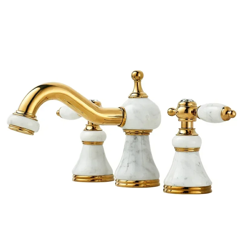 

European bright gold all-copper washbasin split double handle three-hole bathroom cabinet marble washbasin hot and cold faucet