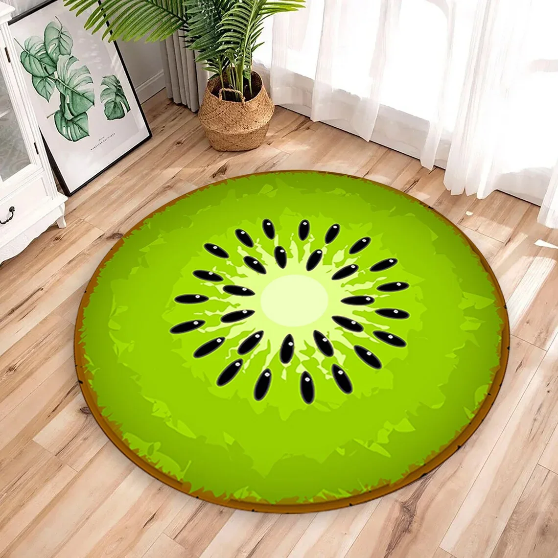 Kiwi Fruit Print Round Rug, Cartoon Style Floor Mat for Bedroom or Living Room, Computer Chair and Kids' Room Use