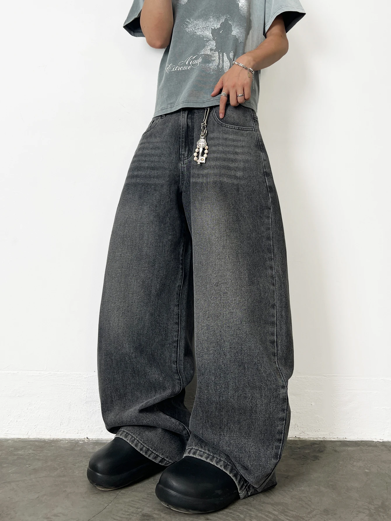 Men's Minimalist Y2K Jeans, Vintage Distressed Grey Baggy Wide-Leg Pants For Men, Versatile Loose-Fitting Casual Denim Trousers,
