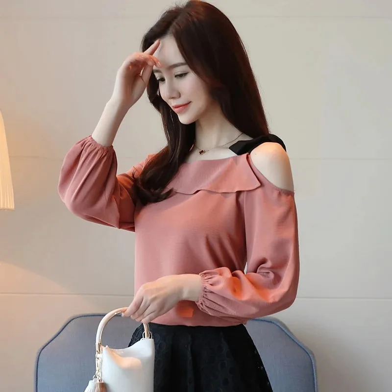 Women\'s Long Sleeve Off Shoulder Blouses, Korean Style, Pink Shirts, Office Lady, Spring, Autumn Fashion, D436