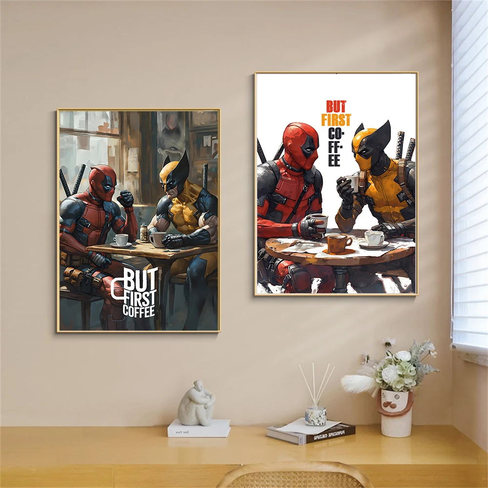 

Marvel Deadpool And Wolverine But First Coffee Wall Canvas Painting Poster Decor Modern Home Decoration Picture For Livingroom