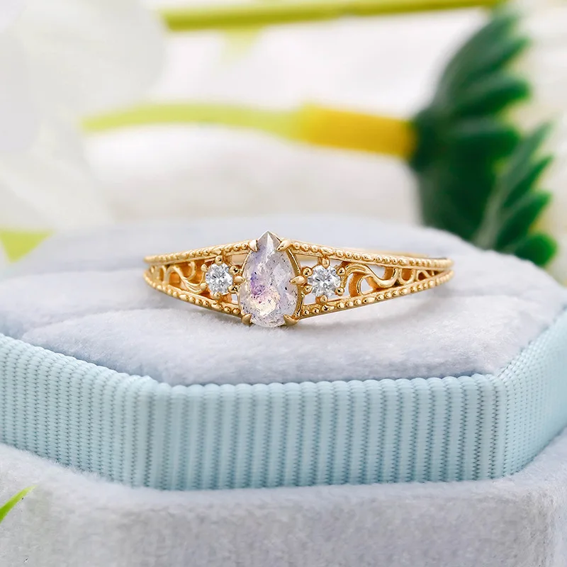LAMOON Crown Wedding Engagement Ring For Women Natural Labradorite Gemstone Ring 925 Sterling Silver Gold Vermeil Vintage Bijou