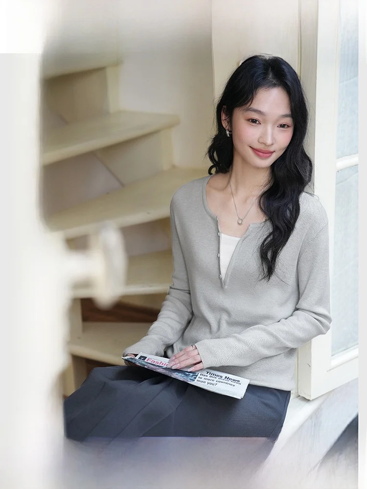 

V-Ne Knitted Sweater Women's Long Sve Wool Blend Slim Fit Spring Autumn New Sle Color Blo Large V-Ne Knitted Top