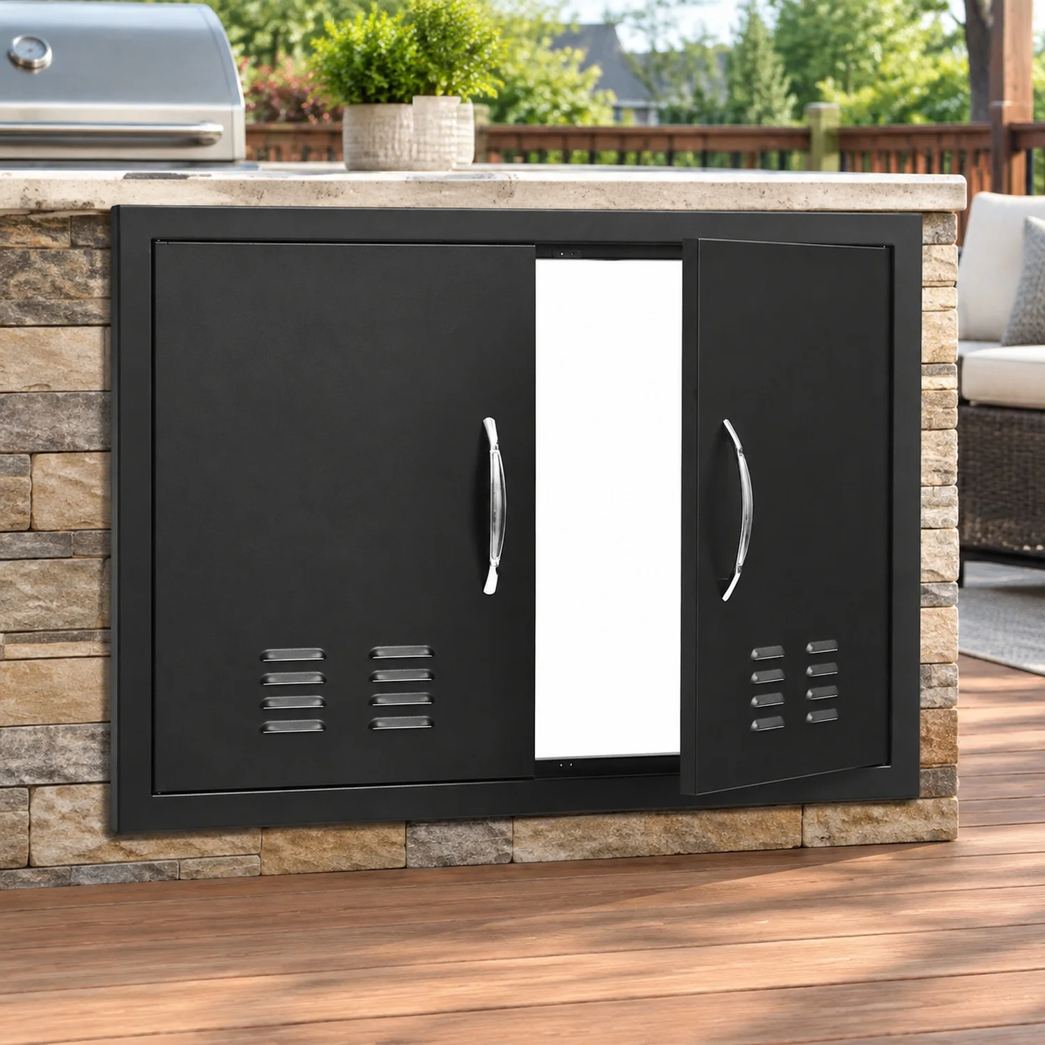 BBQ Access Door, 30W x 21H Inch Double Outdoor Kitchen, Cold Plate Flush Mount, Wall Vertical with Handles and Ventss, for