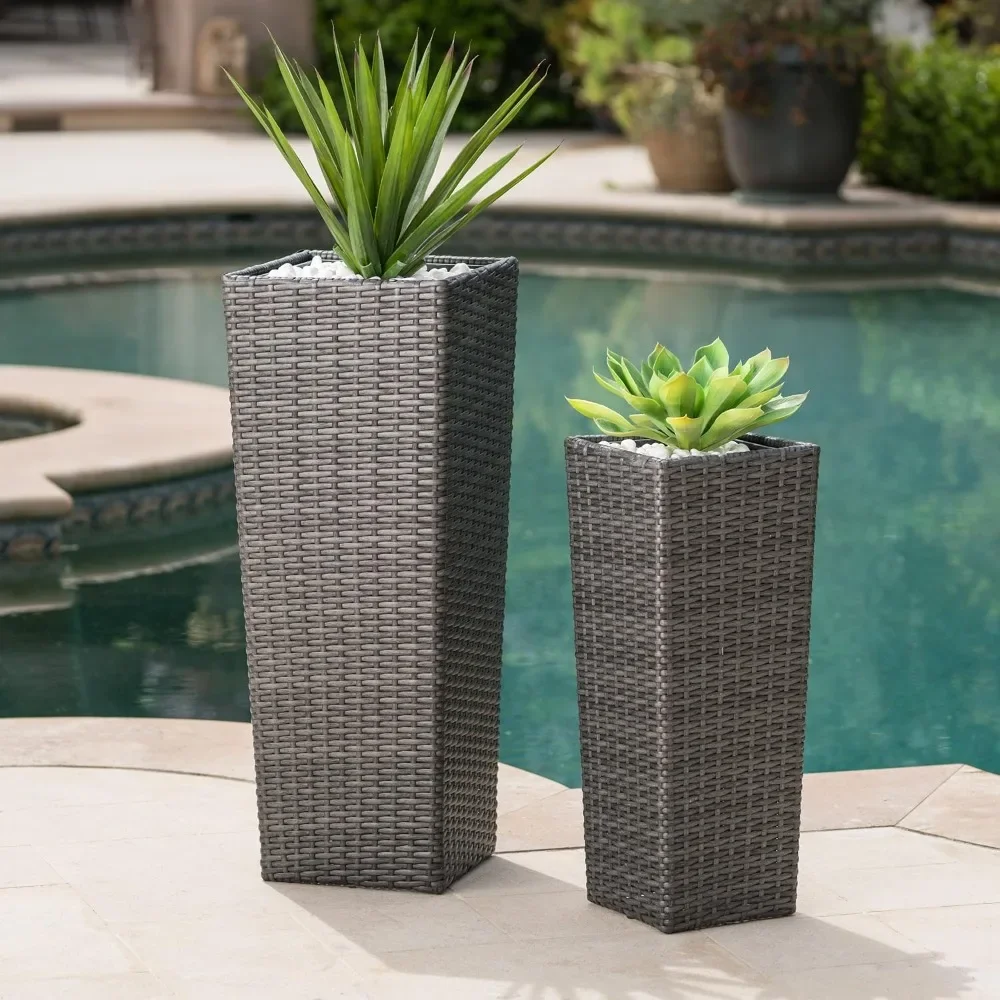 

Wicker Outdoor Flower Pots, Set of 2, Tall Planters Woven Resin Square Design for Garden and Patio Decor, Grey