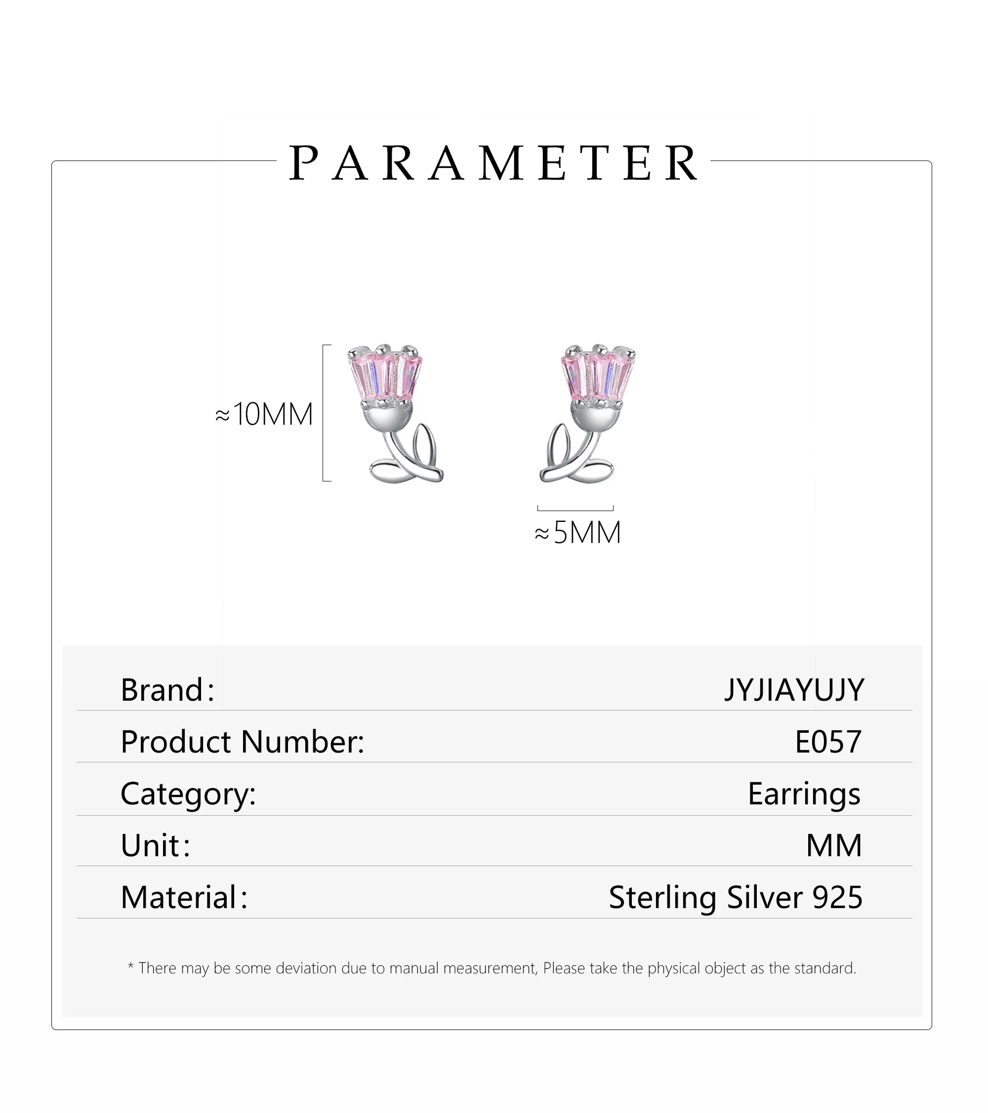 JYJIAYUJY 100% Sterling Silver S925 Earrings 10mm Rose Flower Zircon High Quality Fashion Hypoallergenic Jewelry Gift Daily E057