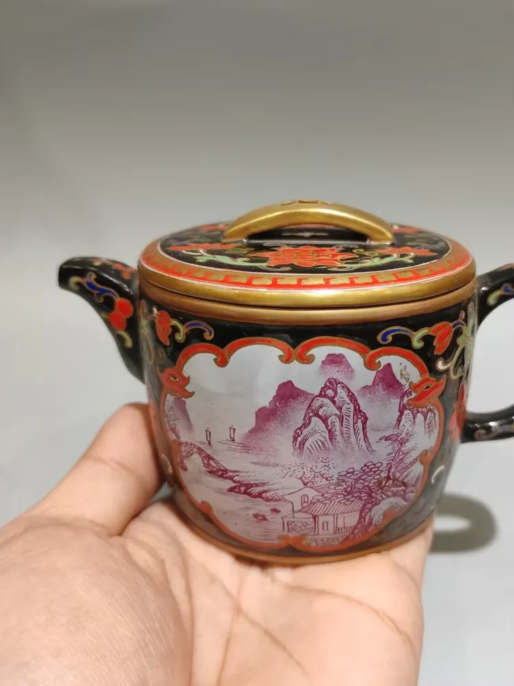 Folk Yixing Purple Clay Pot Gilded enamel colors Huashan Landscape Pattern Pot Teapot kettle tea ceremony Amass wealth Ornaments