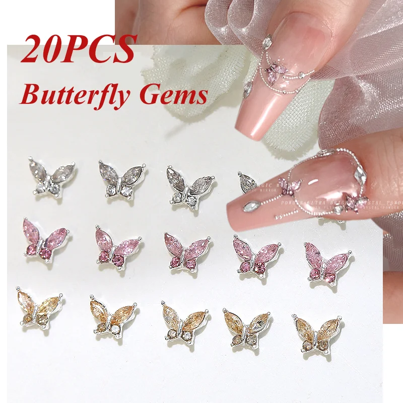 

10/20pcs Mini 4*5mm Crystal Butterfly Nail Charms 3D Diamond Jewelry Parts Pink Clear Metal Manicure Decoation Rhinestones Gems