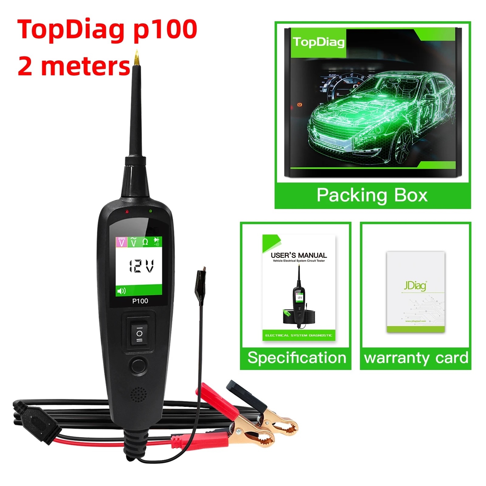 

TopDiag P100 2m Automotive Circuit Tester Power Probe Electrical System Voltage Battery Test AC DC 12V 24V Car Diagnostic Tool