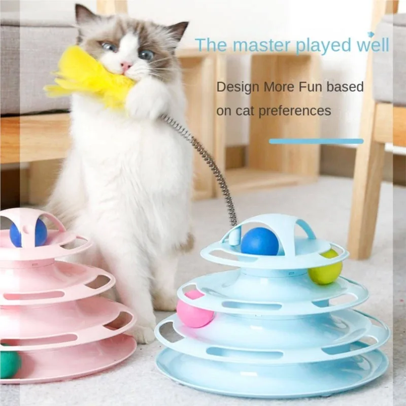 4 Levels turnable Toys for cats accessories Tower Tracks with balls cat toy Interactive Intelligence Training with fun cat stick