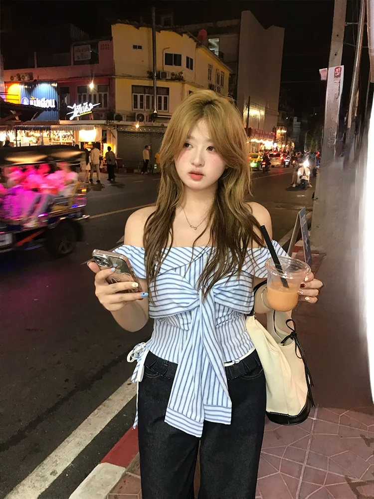 

Blue Striped Tie-Detail One-Shoulder Top Korean Style plus Size Summer Fashion Sea Salt Special Blend for Your Fish