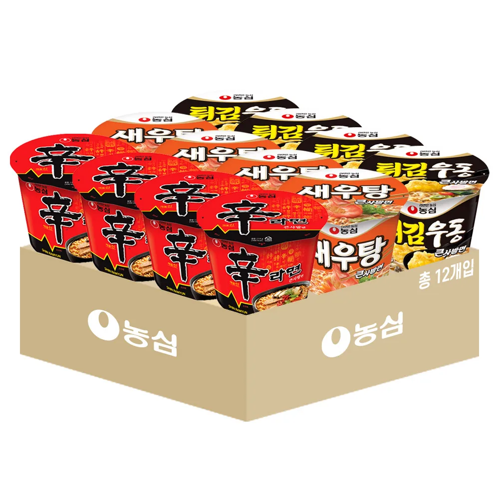 Nongshim Cup Nun Nun Nun Beal كبير مخلوط 12 ، جمبري Shinmyeon وأودون مقلية ، 4 قطع لكل منهما