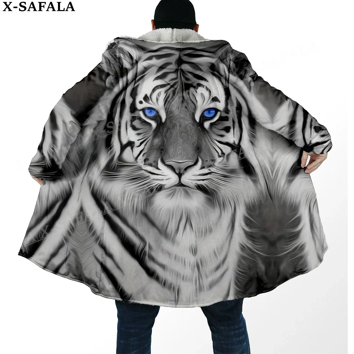 

The King White Tiger Skin Myth 3D Print Thick Warm Hooded Cloak Men Overcoat Coat Windproof Fleece Cape Robe Hooded Blanket-3