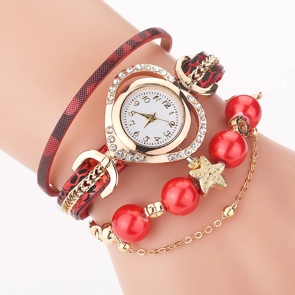 High Quality Women Bracelet Watches With Pearl Pendant  Luxury Ladies Leather Quartz Rhinestone Wristwatches Clock