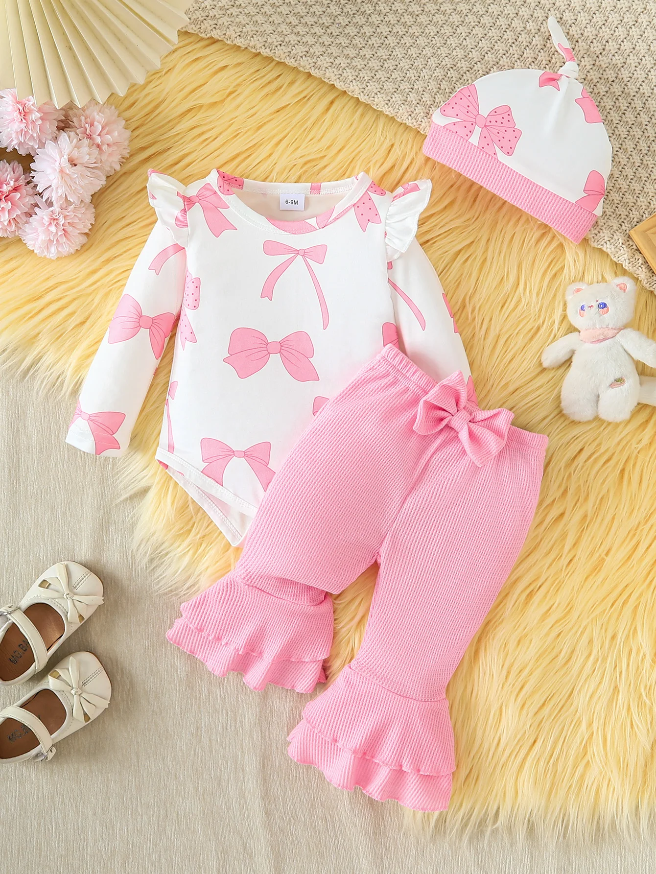 3Pcs Baby Girl Fall Winter Outfit, Christmas Birthday Gift Bow Print Bodysuit Waffle Flared Pants Hat Set 0‑24M