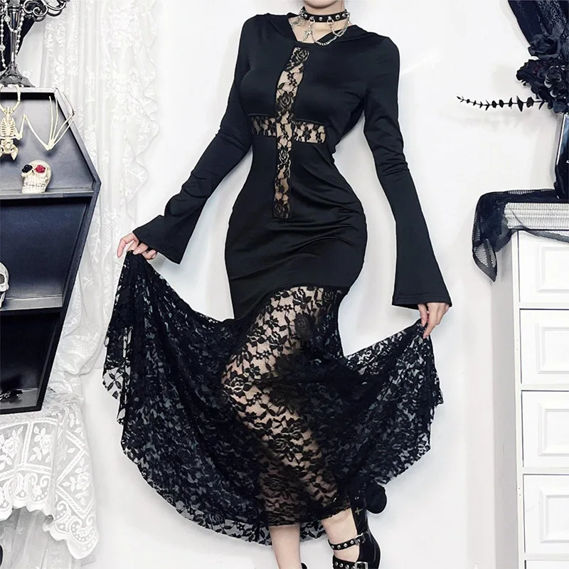 ONE TO WAN Goth Dark Elegant Damen Kapuzenkleid Mall Gothic Kreuz Ausgeschnittene Spitze Gespleißtes Party Acubi Sexy Bodycon Kleider Slim – Detail 5